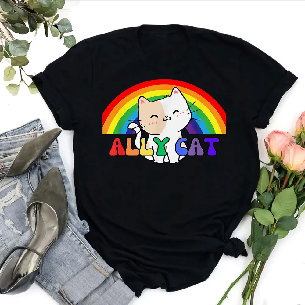 Lgbtq Ally Cat Gay Rainbow Pride Month - Queer Funny Cute T-Shirt Unisex Standard T-Shirt black s