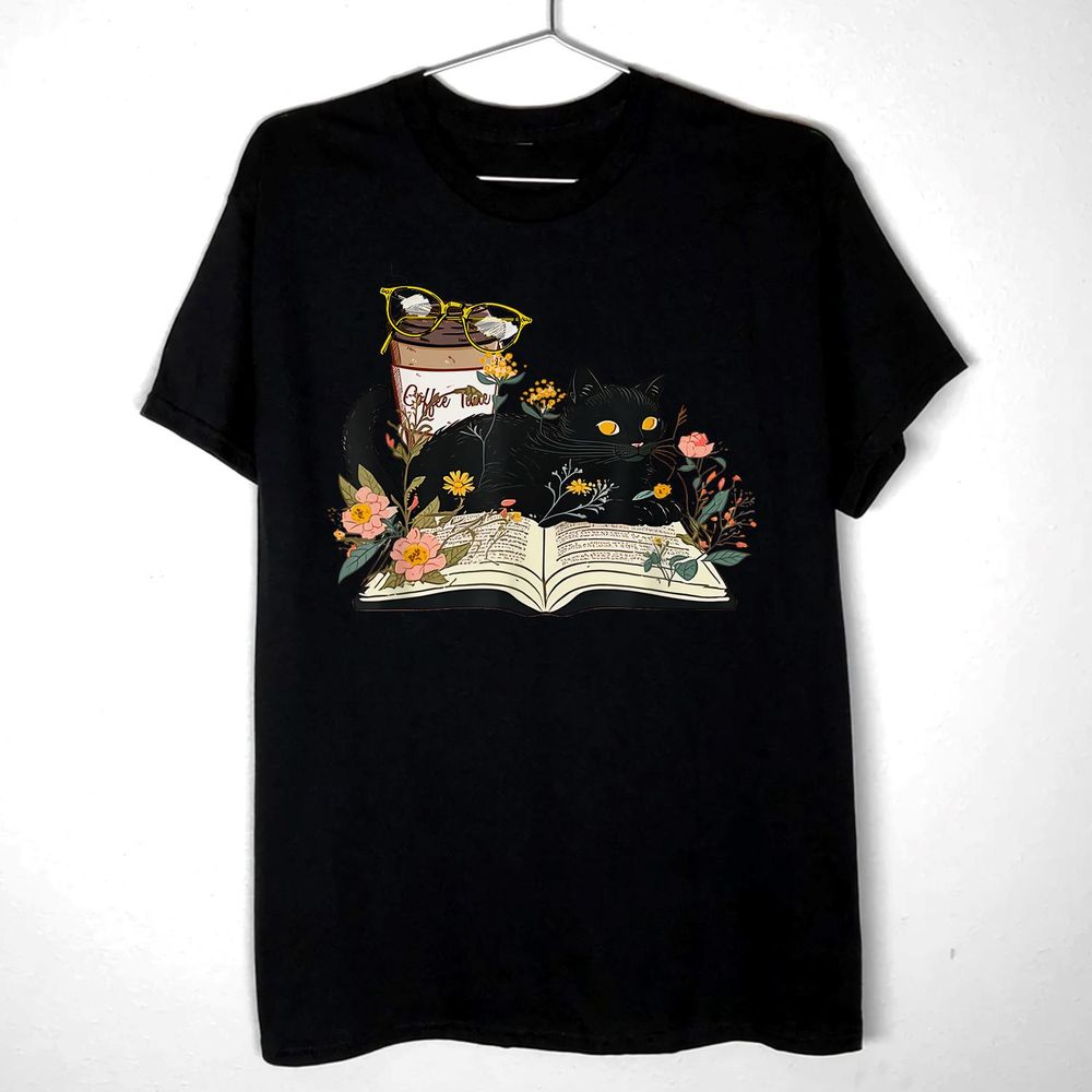 Coffee Kitty Cat And Book Lover Reader Gifts Books Reading T-Shirt Unisex Standard T-Shirt black s